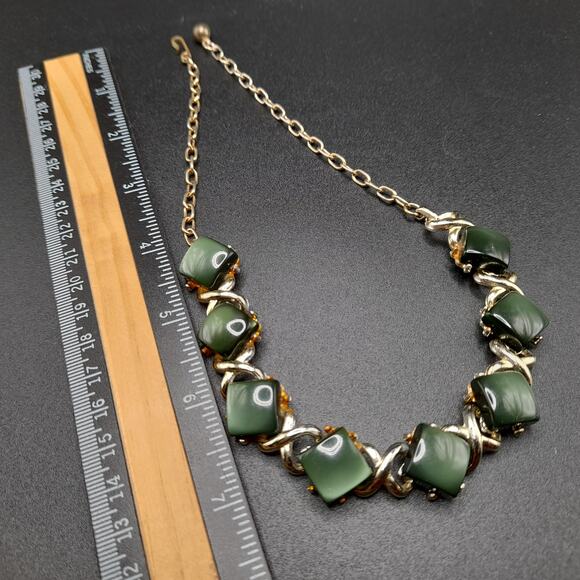 Vintage Dark Green Moonglow Choker Necklace, Gold Tone, 1950s Jewelry - Picture 5 of 11